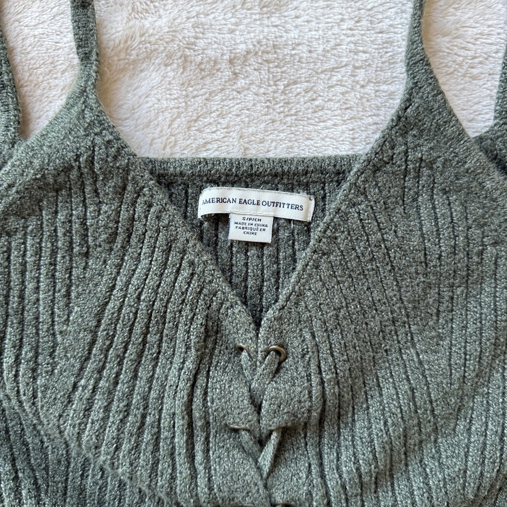 American Eagle Outfitters Women's Ribbed Knit Lace-Up Tank Top - Olive Green - Picture 3 of 6